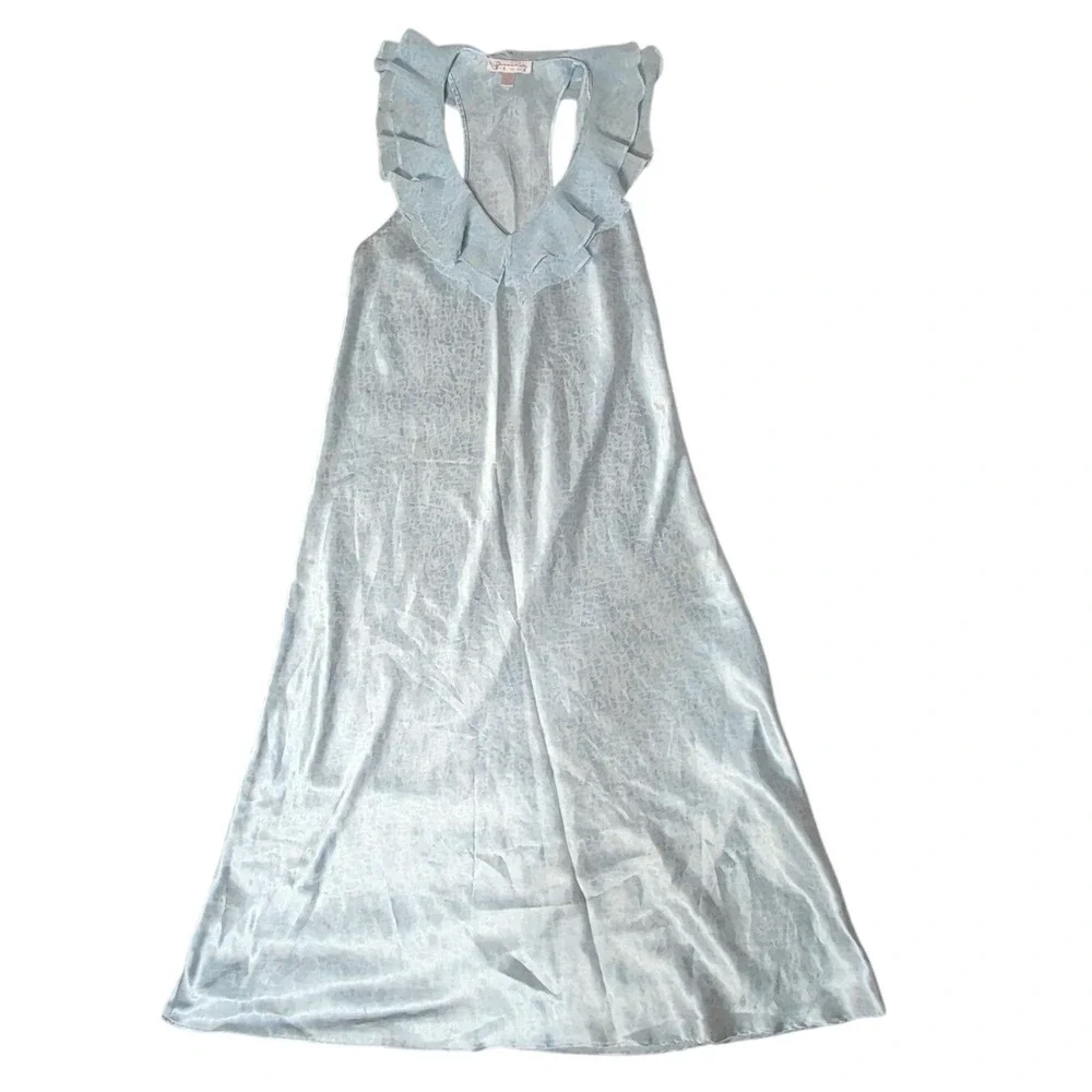 Oscar de la Renta Pink Label Blue Ruffle Racerback Nightgown L Sleepwear Satin